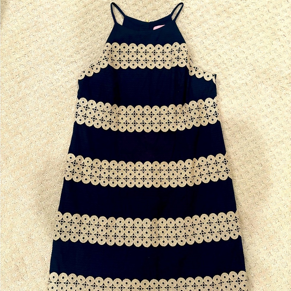 Gorgeous EUC like new Lilly Pulitzer navy gold shift dress, size 8